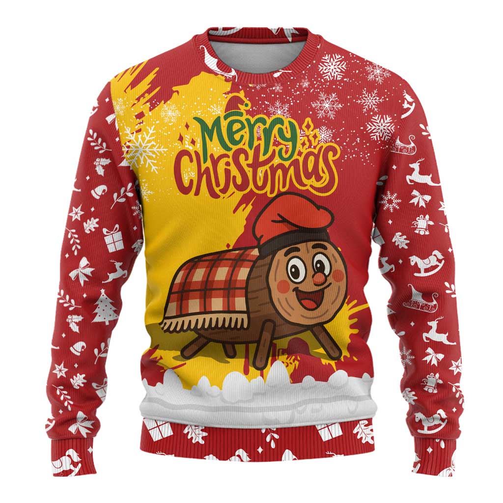 Spain Christmas Ugly Christmas Sweater with Tio de Nadal Log Snowflakes Spanish Flag and Holiday Wreath - Wonder Print Shop