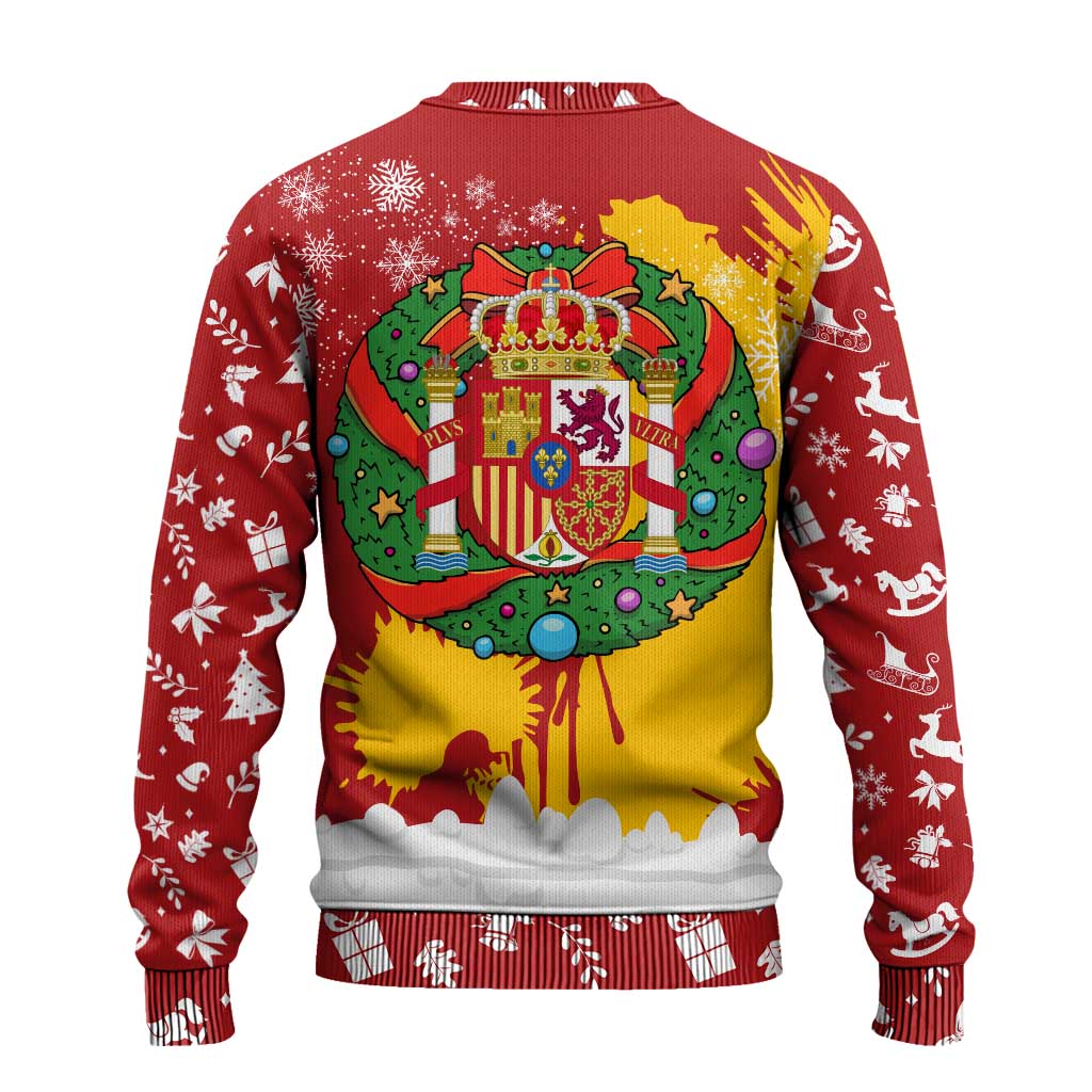 Spain Christmas Ugly Christmas Sweater with Tio de Nadal Log Snowflakes Spanish Flag and Holiday Wreath - Wonder Print Shop