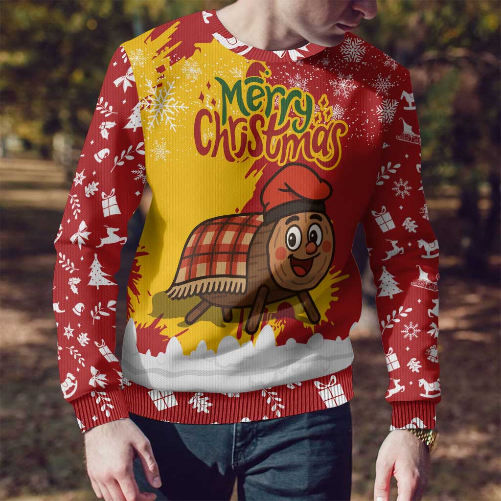 Spain Christmas Ugly Christmas Sweater with Tio de Nadal Log Snowflakes Spanish Flag and Holiday Wreath - Wonder Print Shop