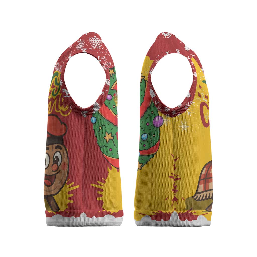 Spain Christmas Knitted V-Neck Vest with Tio de Nadal Log Snowflakes Spanish Flag and Holiday Wreath - Wonder Print Shop