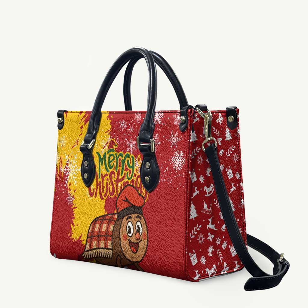 Spain Christmas Leather Bag with Tio de Nadal Log Snowflakes Spanish Flag and Holiday Wreath - Wonder Print Shop