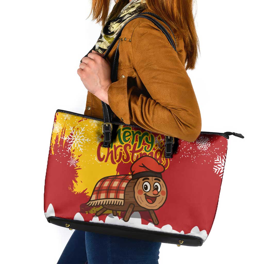 Spain Christmas Leather Tote Bag with Tio de Nadal Log Snowflakes Spanish Flag and Holiday Wreath - Wonder Print Shop