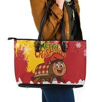 Spain Christmas Leather Tote Bag with Tio de Nadal Log Snowflakes Spanish Flag and Holiday Wreath - Wonder Print Shop