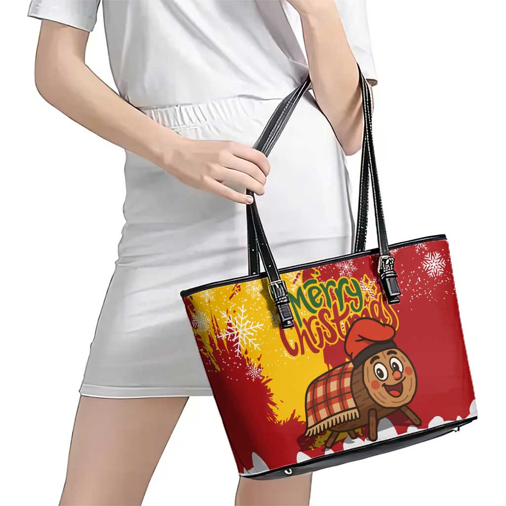 Spain Christmas Leather Tote Bag with Tio de Nadal Log Snowflakes Spanish Flag and Holiday Wreath - Wonder Print Shop