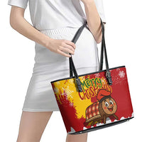 Spain Christmas Leather Tote Bag with Tio de Nadal Log Snowflakes Spanish Flag and Holiday Wreath - Wonder Print Shop