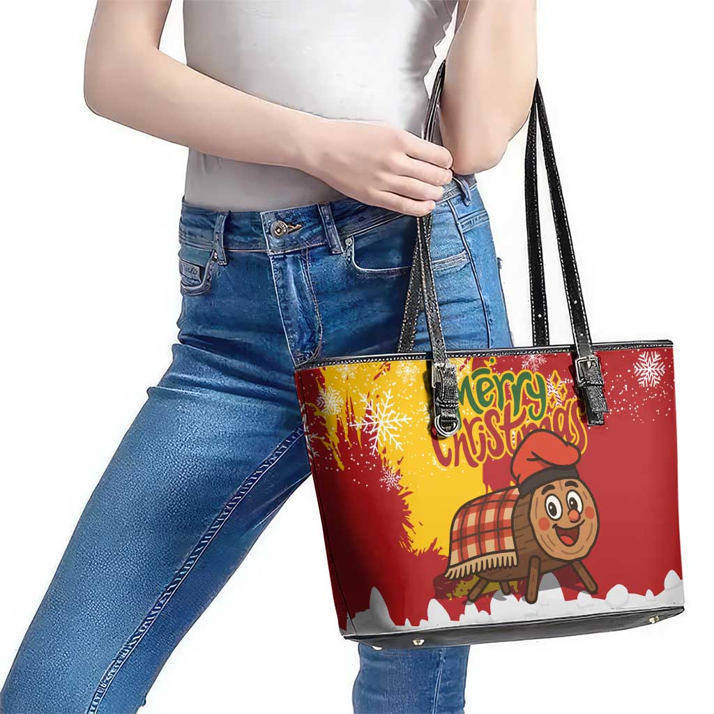 Spain Christmas Leather Tote Bag with Tio de Nadal Log Snowflakes Spanish Flag and Holiday Wreath - Wonder Print Shop