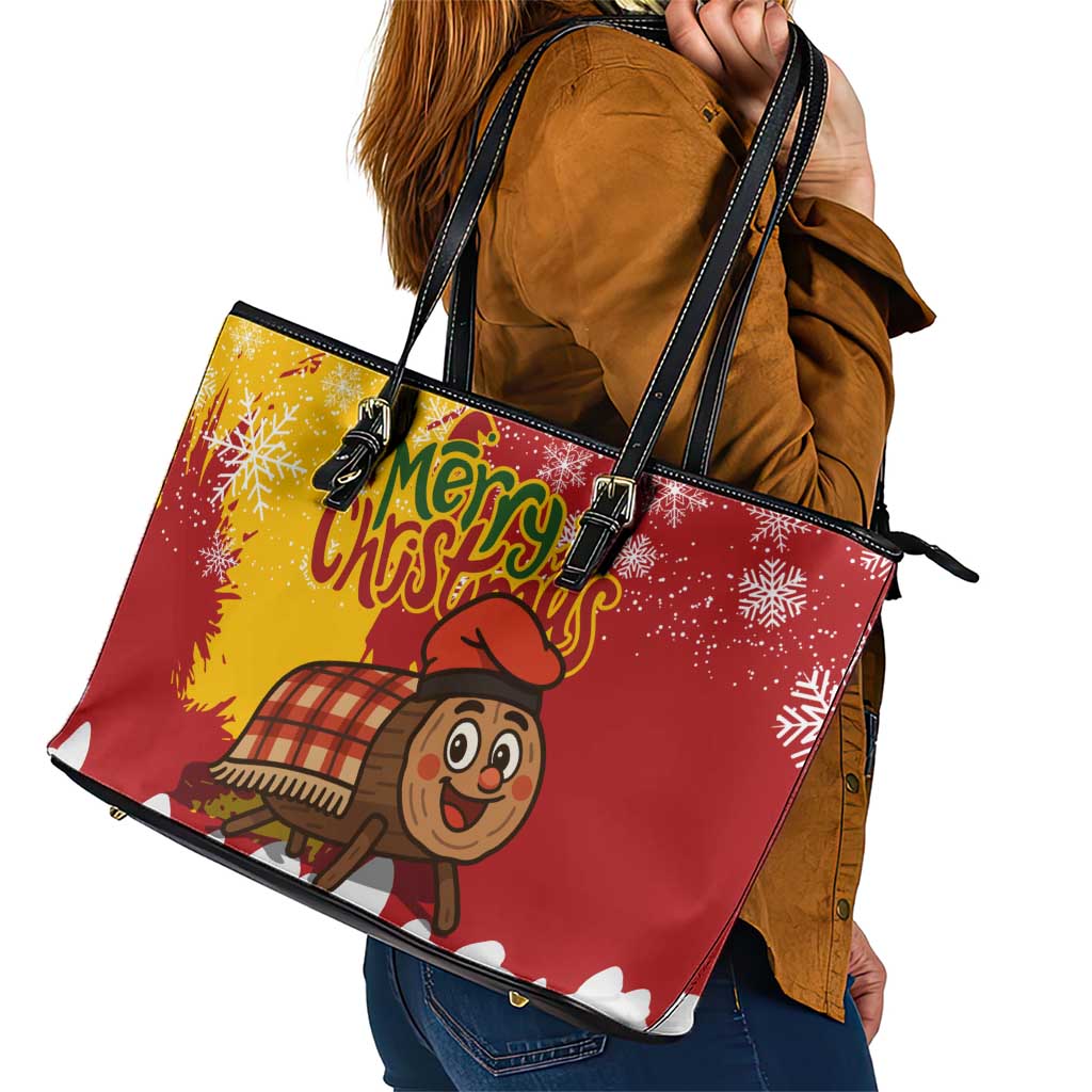Spain Christmas Leather Tote Bag with Tio de Nadal Log Snowflakes Spanish Flag and Holiday Wreath - Wonder Print Shop