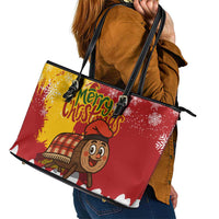 Spain Christmas Leather Tote Bag with Tio de Nadal Log Snowflakes Spanish Flag and Holiday Wreath - Wonder Print Shop