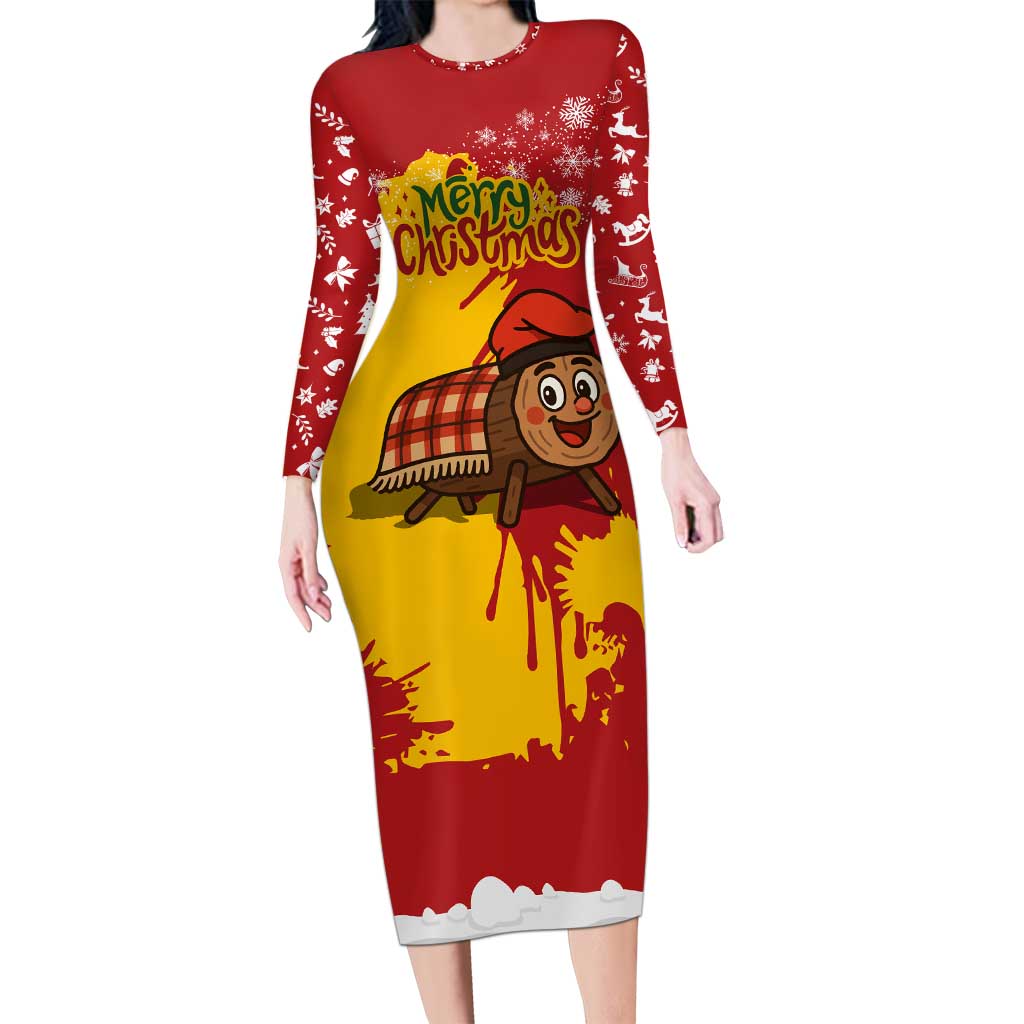 Spain Christmas Long Sleeve Bodycon Dress with Tio de Nadal Log Snowflakes Spanish Flag and Holiday Wreath - Wonder Print Shop