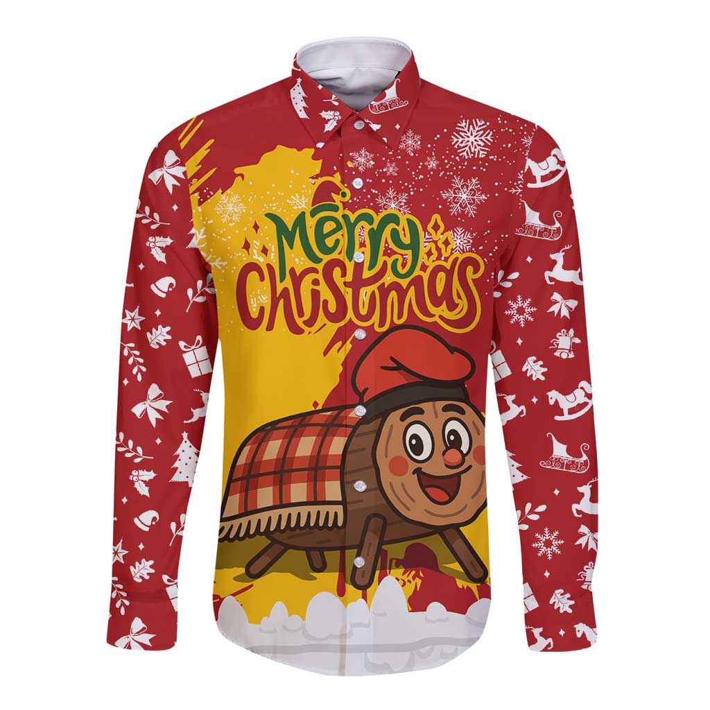 Spain Christmas Long Sleeve Button Shirt with Tio de Nadal Log Snowflakes Spanish Flag and Holiday Wreath - Wonder Print Shop