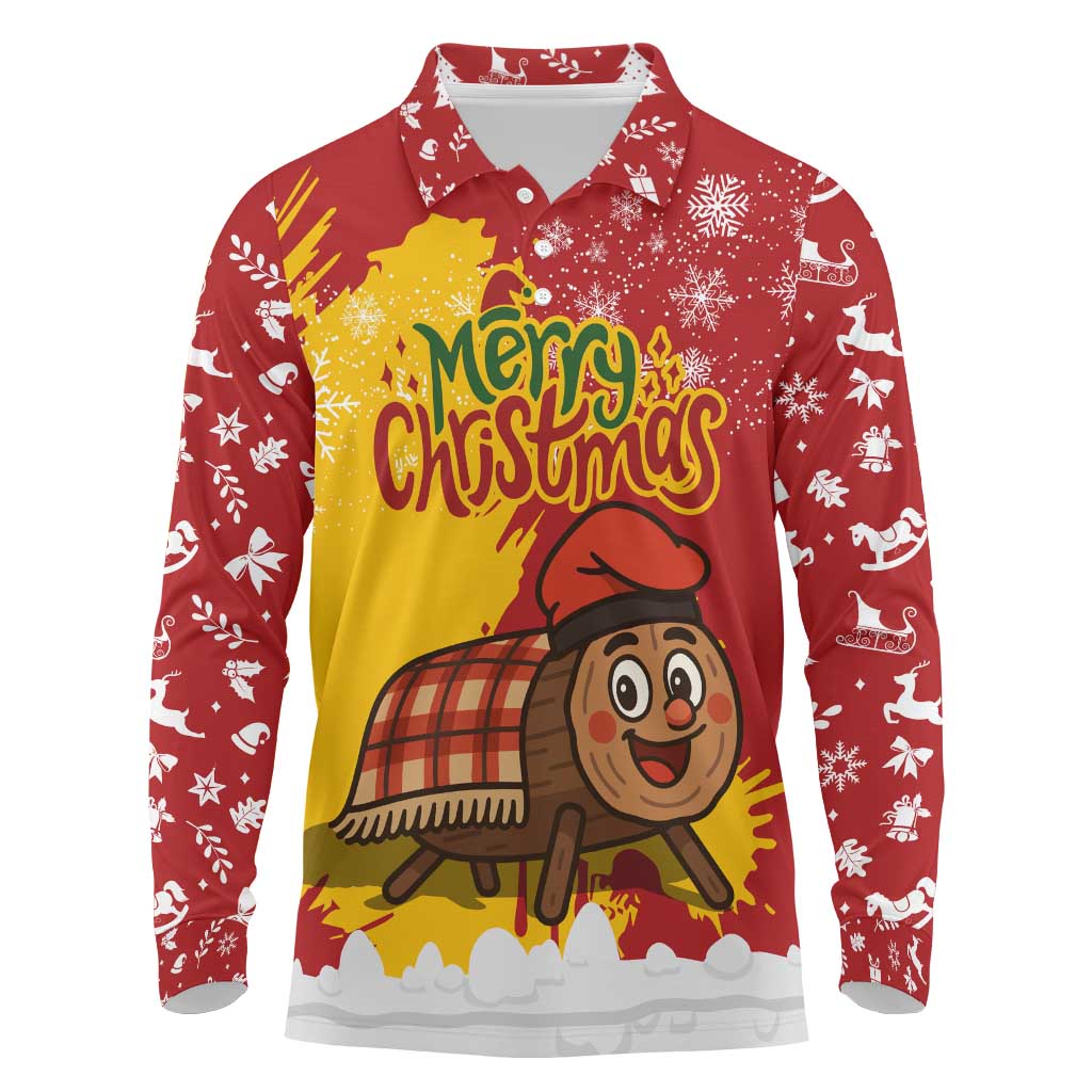 Spain Christmas Long Sleeve Polo Shirt with Tio de Nadal Log Snowflakes Spanish Flag and Holiday Wreath - Wonder Print Shop