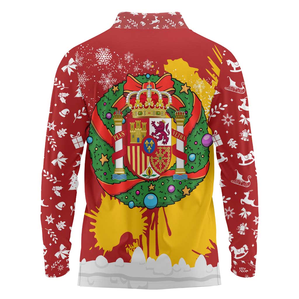 Spain Christmas Long Sleeve Polo Shirt with Tio de Nadal Log Snowflakes Spanish Flag and Holiday Wreath - Wonder Print Shop