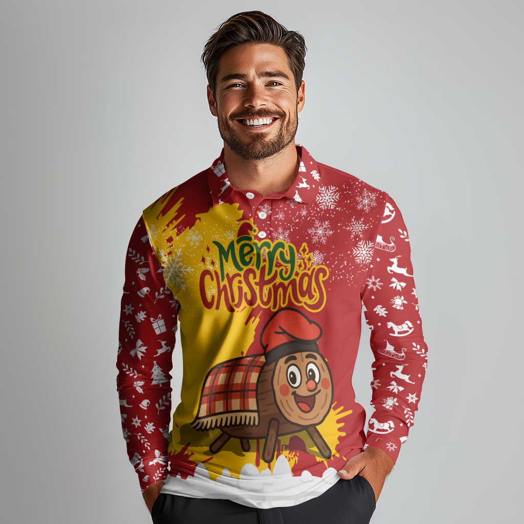 Spain Christmas Long Sleeve Polo Shirt with Tio de Nadal Log Snowflakes Spanish Flag and Holiday Wreath - Wonder Print Shop
