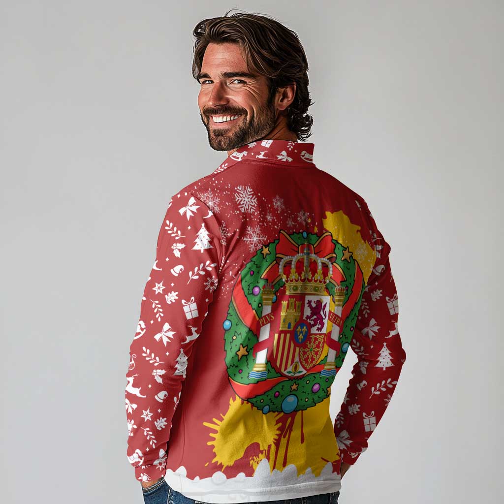 Spain Christmas Long Sleeve Polo Shirt with Tio de Nadal Log Snowflakes Spanish Flag and Holiday Wreath - Wonder Print Shop