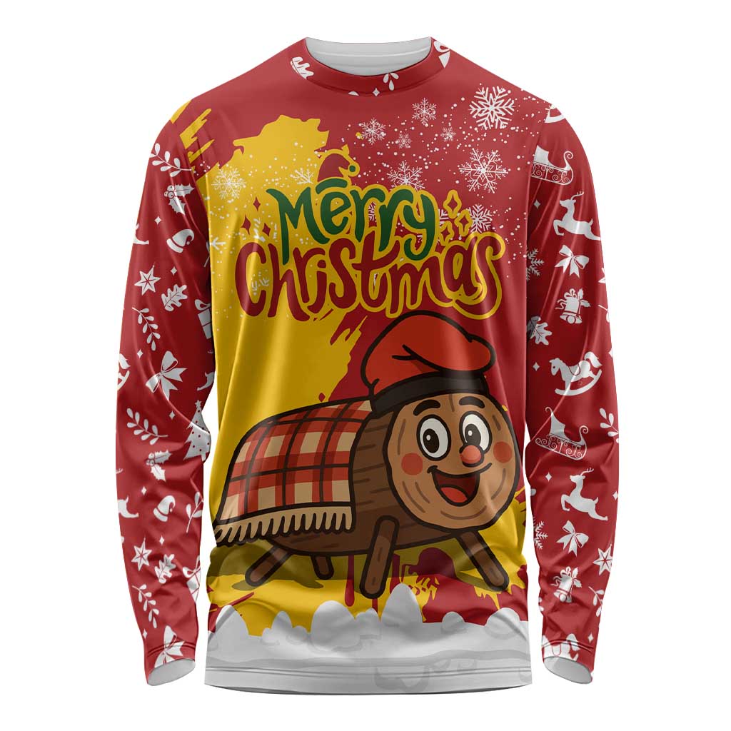 Spain Christmas Long Sleeve Shirt with Tio de Nadal Log Snowflakes Spanish Flag and Holiday Wreath - Wonder Print Shop