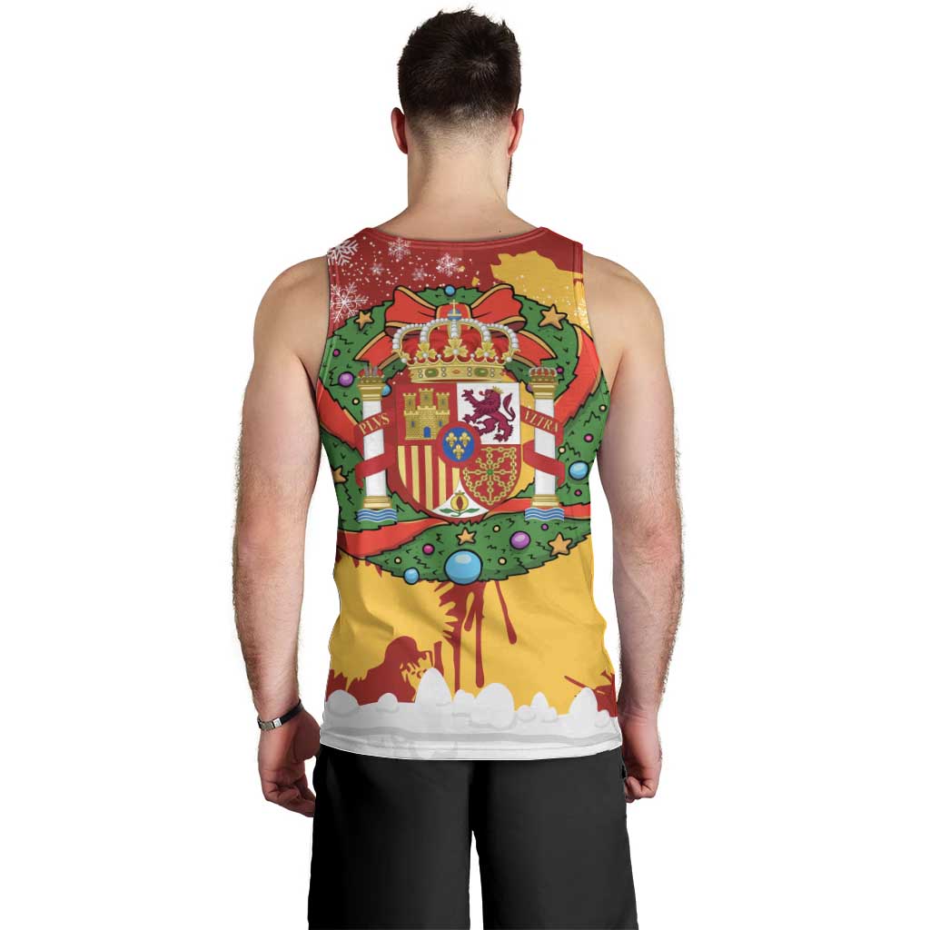 Spain Christmas Men Tank Top with Tio de Nadal Log Snowflakes Spanish Flag and Holiday Wreath - Wonder Print Shop