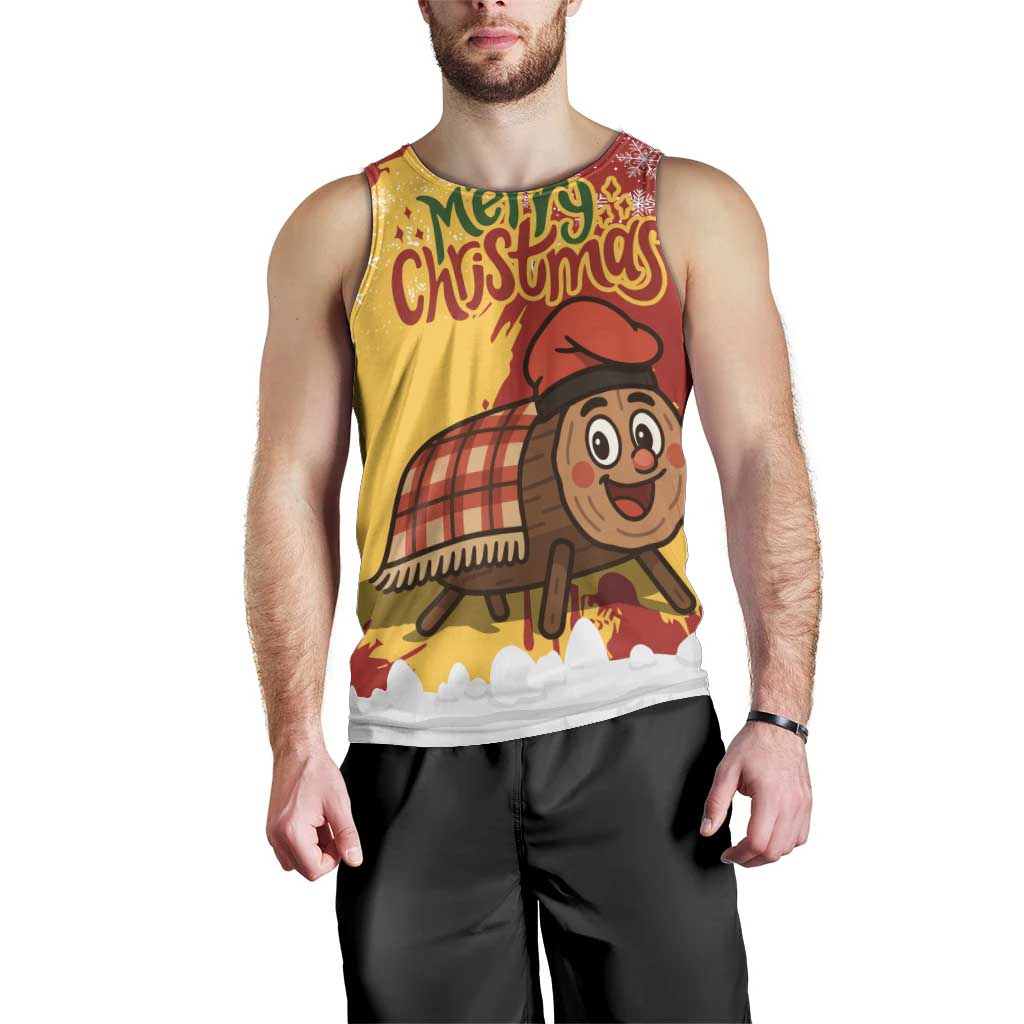 Spain Christmas Men Tank Top with Tio de Nadal Log Snowflakes Spanish Flag and Holiday Wreath - Wonder Print Shop