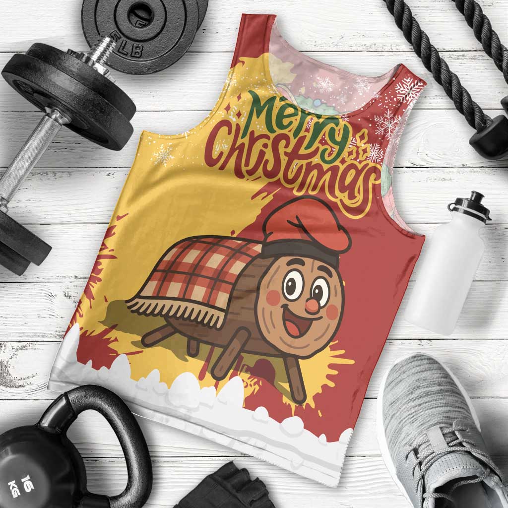 Spain Christmas Men Tank Top with Tio de Nadal Log Snowflakes Spanish Flag and Holiday Wreath - Wonder Print Shop