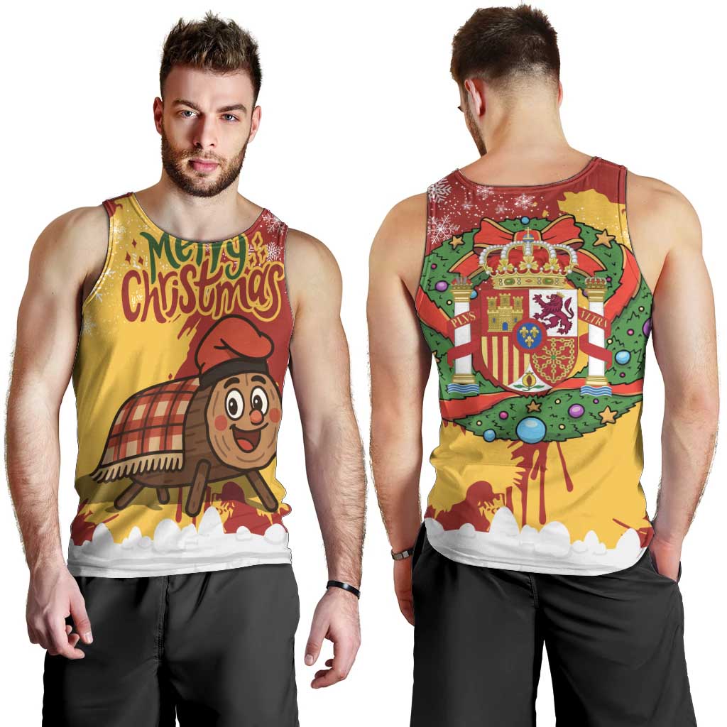 Spain Christmas Men Tank Top with Tio de Nadal Log Snowflakes Spanish Flag and Holiday Wreath - Wonder Print Shop