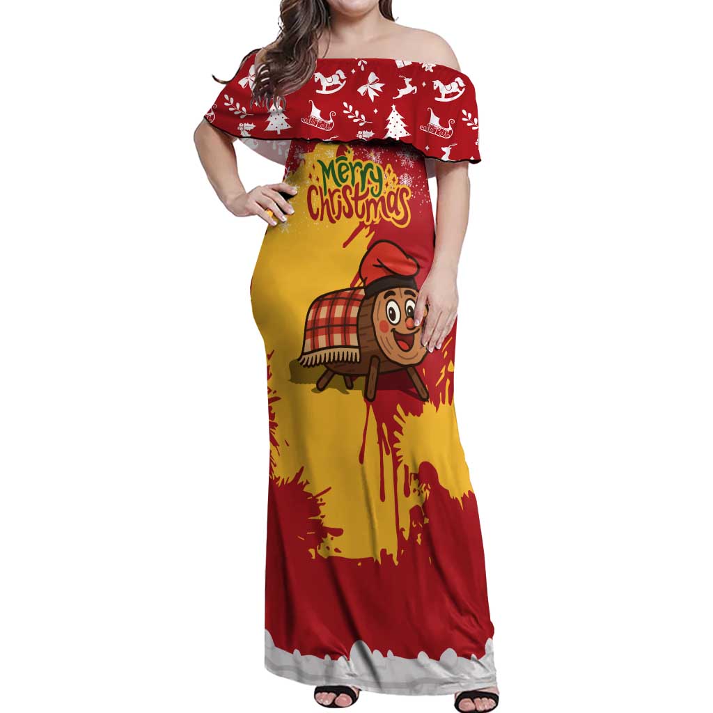 Spain Christmas Off Shoulder Maxi Dress with Tio de Nadal Log Snowflakes Spanish Flag and Holiday Wreath - Wonder Print Shop