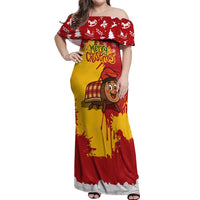 Spain Christmas Off Shoulder Maxi Dress with Tio de Nadal Log Snowflakes Spanish Flag and Holiday Wreath - Wonder Print Shop