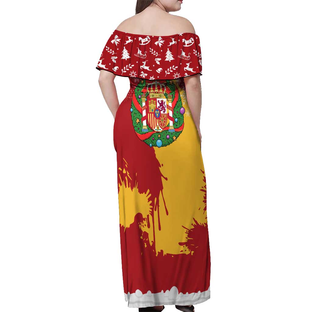 Spain Christmas Off Shoulder Maxi Dress with Tio de Nadal Log Snowflakes Spanish Flag and Holiday Wreath - Wonder Print Shop