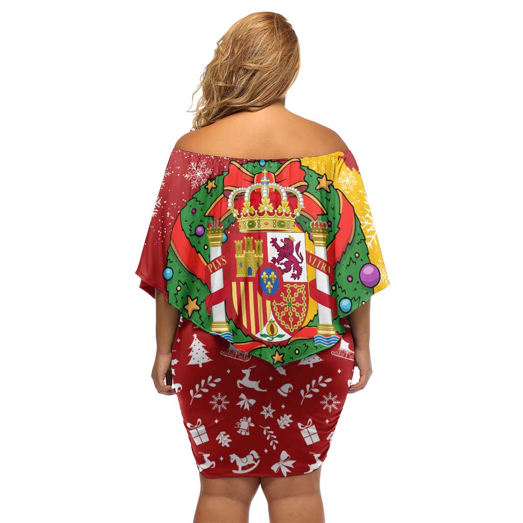 Spain Christmas Off Shoulder Short Dress with Tio de Nadal Log Snowflakes Spanish Flag and Holiday Wreath - Wonder Print Shop