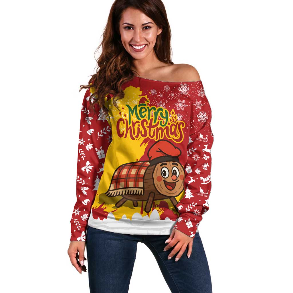 Spain Christmas Off Shoulder Sweater with Tio de Nadal Log Snowflakes Spanish Flag and Holiday Wreath - Wonder Print Shop