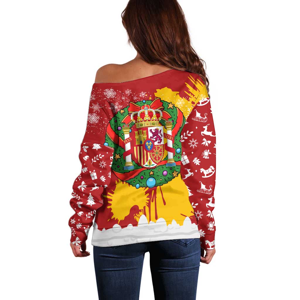 Spain Christmas Off Shoulder Sweater with Tio de Nadal Log Snowflakes Spanish Flag and Holiday Wreath - Wonder Print Shop