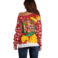 Spain Christmas Off Shoulder Sweater with Tio de Nadal Log Snowflakes Spanish Flag and Holiday Wreath - Wonder Print Shop