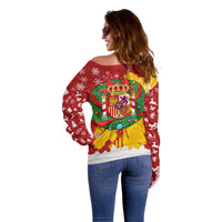 Spain Christmas Off Shoulder Sweater with Tio de Nadal Log Snowflakes Spanish Flag and Holiday Wreath - Wonder Print Shop