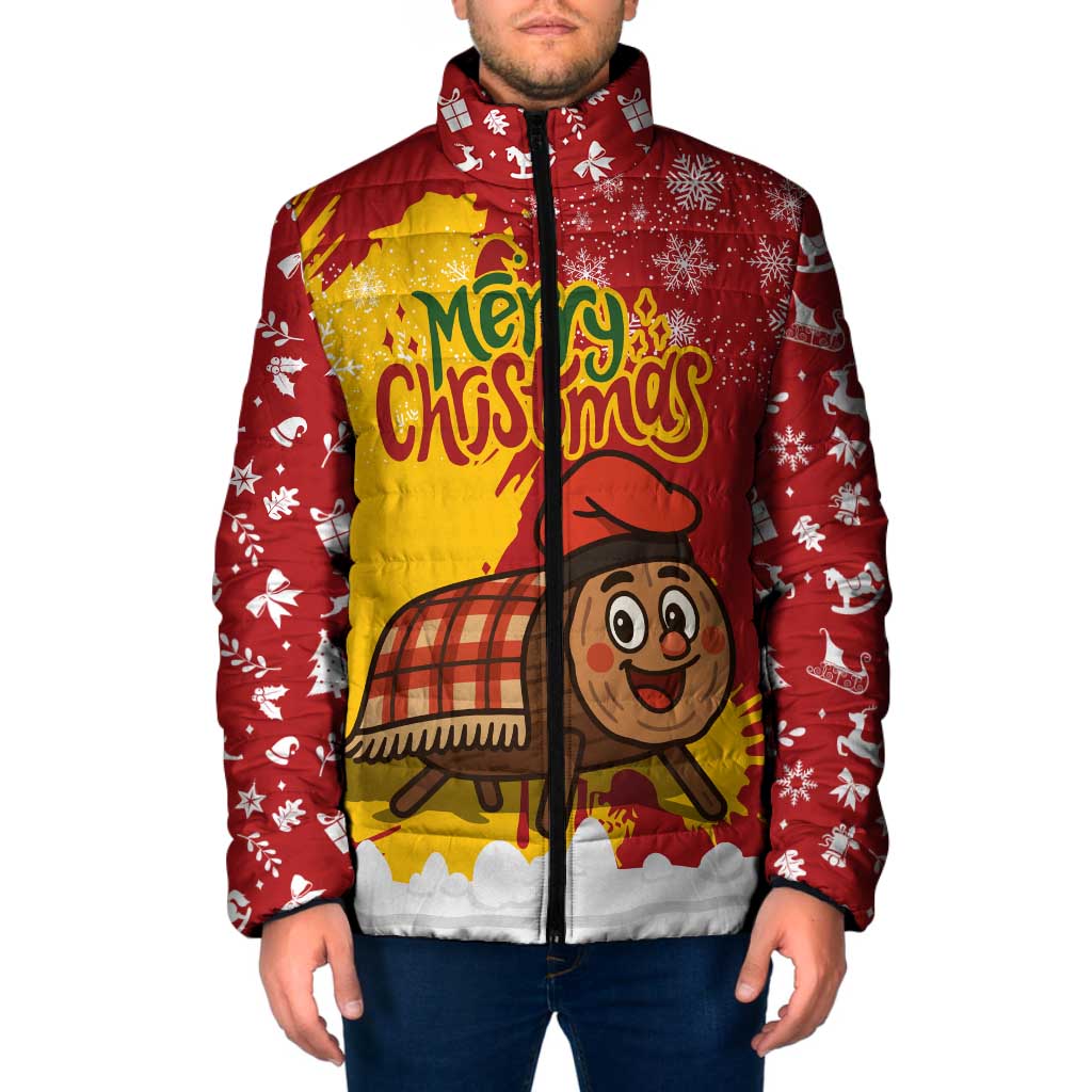 Spain Christmas Padded Jacket with Tio de Nadal Log Snowflakes Spanish Flag and Holiday Wreath - Wonder Print Shop