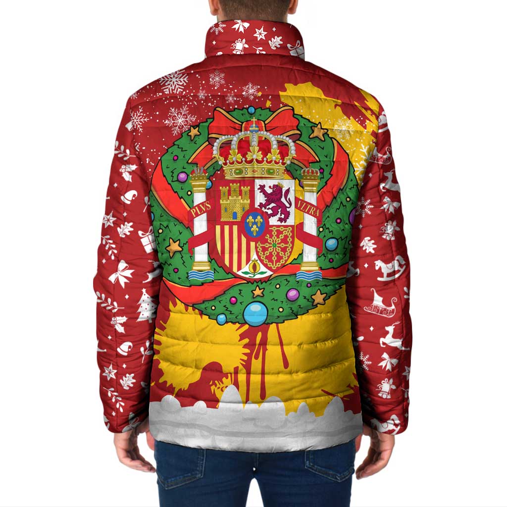 Spain Christmas Padded Jacket with Tio de Nadal Log Snowflakes Spanish Flag and Holiday Wreath - Wonder Print Shop