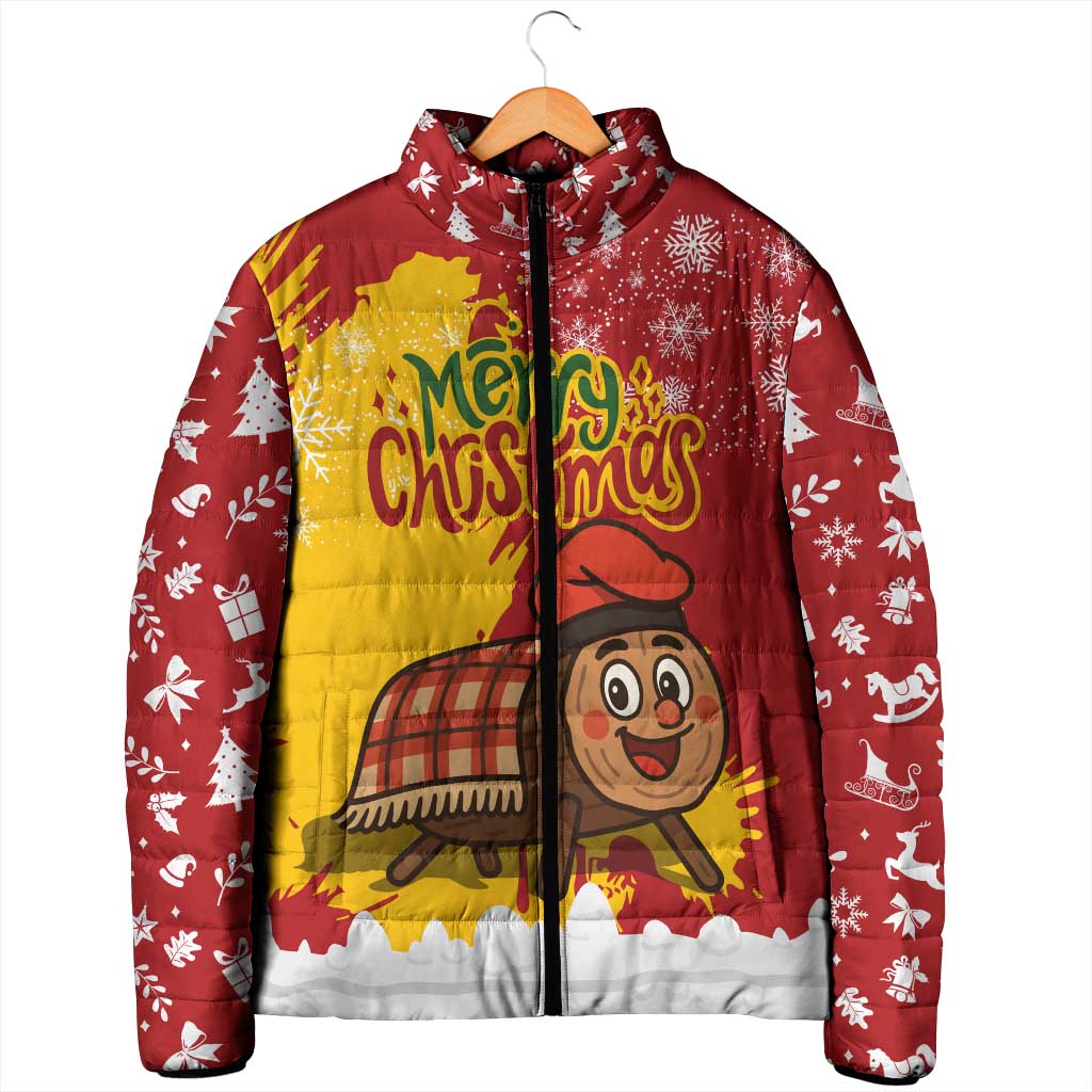 Spain Christmas Padded Jacket with Tio de Nadal Log Snowflakes Spanish Flag and Holiday Wreath - Wonder Print Shop