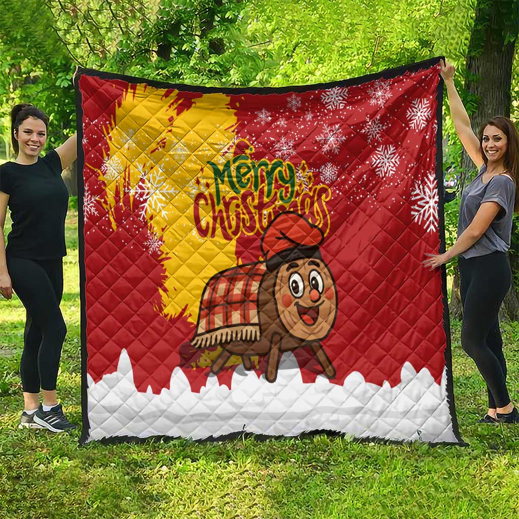 Spain Christmas Quilt with Tio de Nadal Log Snowflakes Spanish Flag and Holiday Wreath - Wonder Print Shop