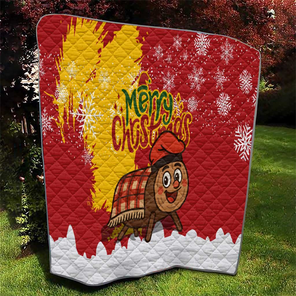 Spain Christmas Quilt with Tio de Nadal Log Snowflakes Spanish Flag and Holiday Wreath - Wonder Print Shop