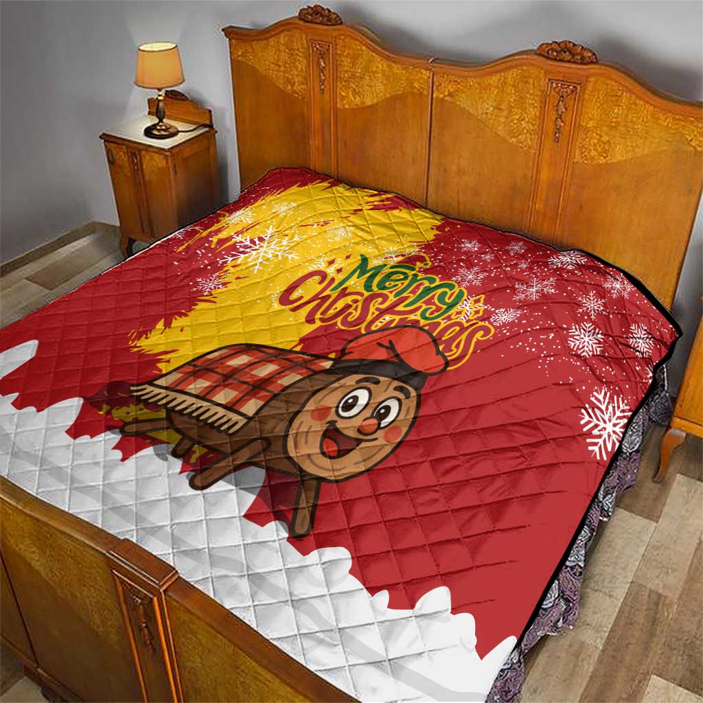 Spain Christmas Quilt with Tio de Nadal Log Snowflakes Spanish Flag and Holiday Wreath - Wonder Print Shop