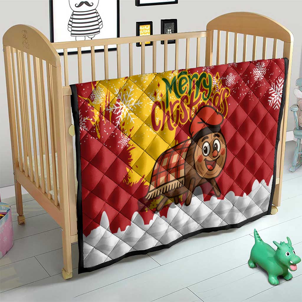 Spain Christmas Quilt with Tio de Nadal Log Snowflakes Spanish Flag and Holiday Wreath - Wonder Print Shop