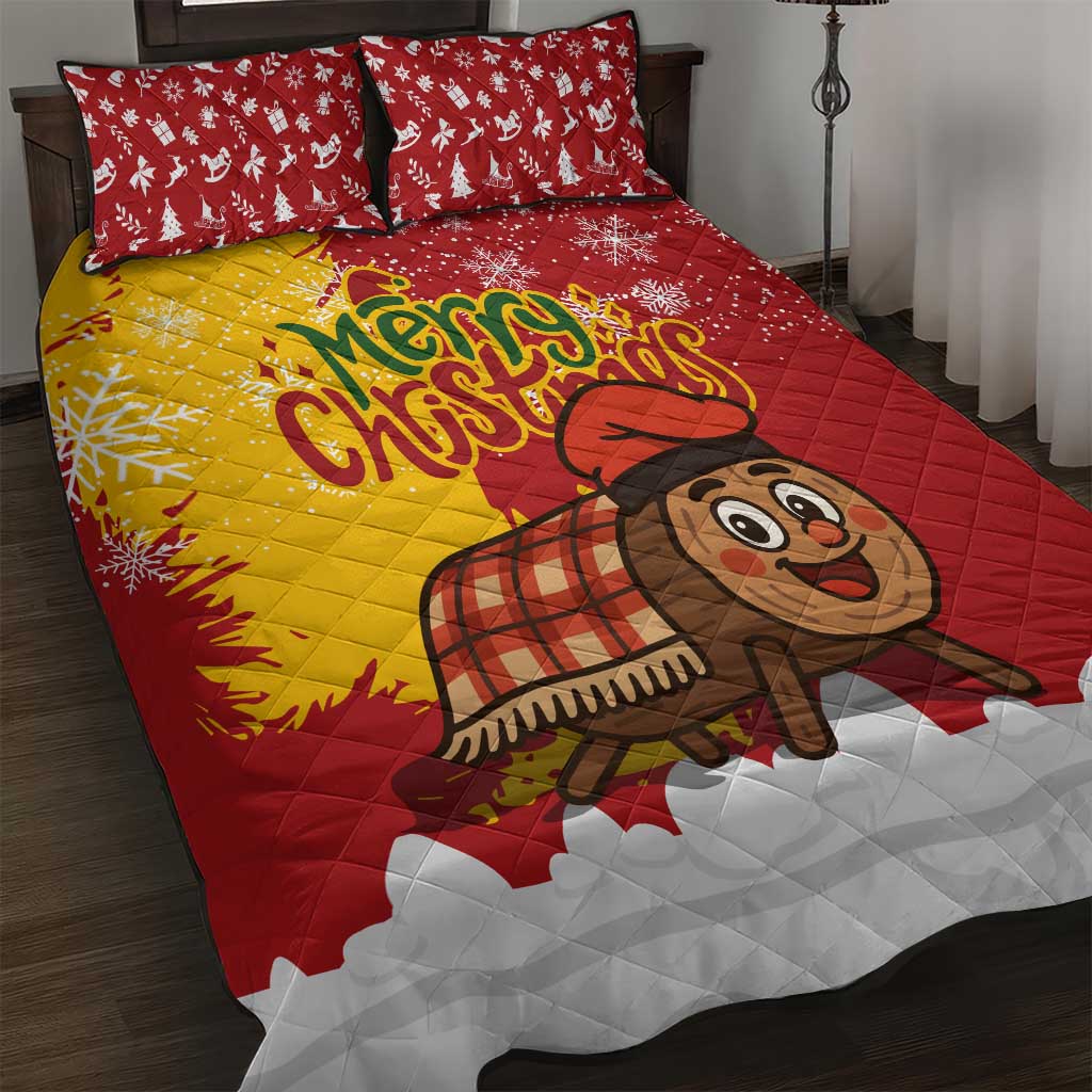 Spain Christmas Quilt Bed Set with Tio de Nadal Log Snowflakes Spanish Flag and Holiday Wreath - Wonder Print Shop