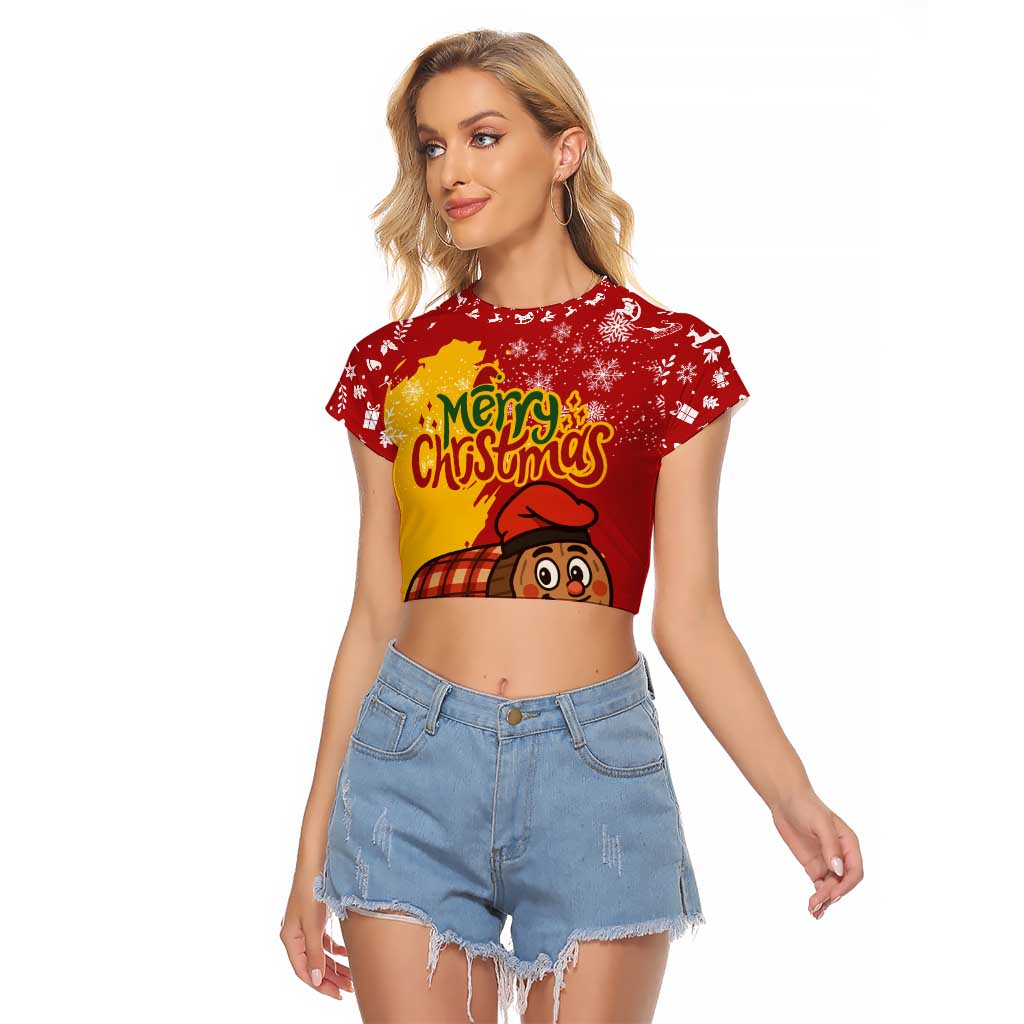 Spain Christmas Raglan Cropped T Shirt with Tio de Nadal Log Snowflakes Spanish Flag and Holiday Wreath - Wonder Print Shop