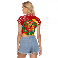 Spain Christmas Raglan Cropped T Shirt with Tio de Nadal Log Snowflakes Spanish Flag and Holiday Wreath - Wonder Print Shop
