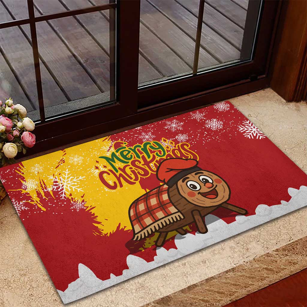 Spain Christmas Rubber Doormat with Tio de Nadal Log Snowflakes Spanish Flag and Holiday Wreath - Wonder Print Shop