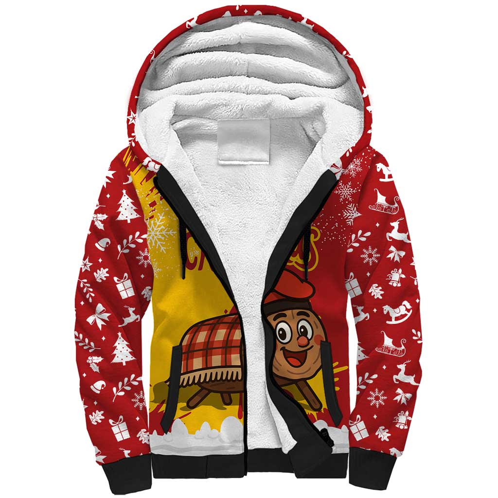 Spain Christmas Sherpa Hoodie with Tio de Nadal Log Snowflakes Spanish Flag and Holiday Wreath - Wonder Print Shop