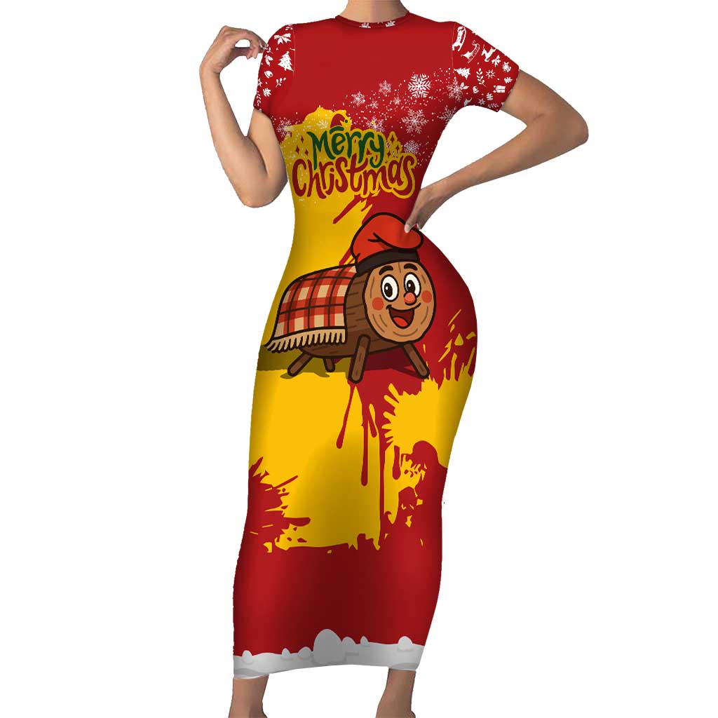Spain Christmas Short Sleeve Bodycon Dress with Tio de Nadal Log Snowflakes Spanish Flag and Holiday Wreath - Wonder Print Shop