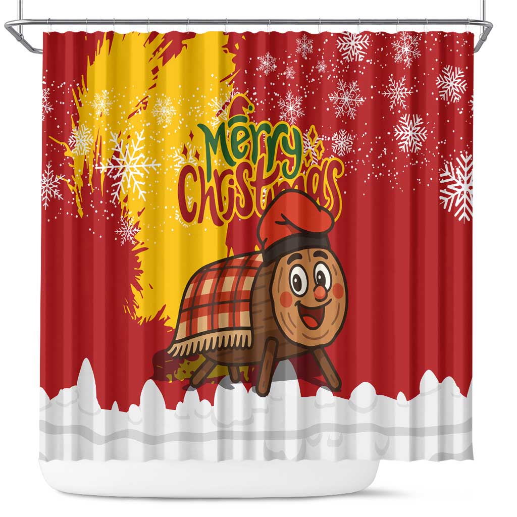 Spain Christmas Shower Curtain with Tio de Nadal Log Snowflakes Spanish Flag and Holiday Wreath - Wonder Print Shop