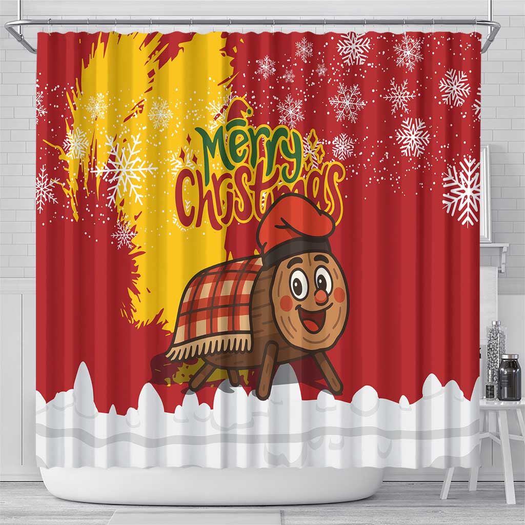 Spain Christmas Shower Curtain with Tio de Nadal Log Snowflakes Spanish Flag and Holiday Wreath - Wonder Print Shop
