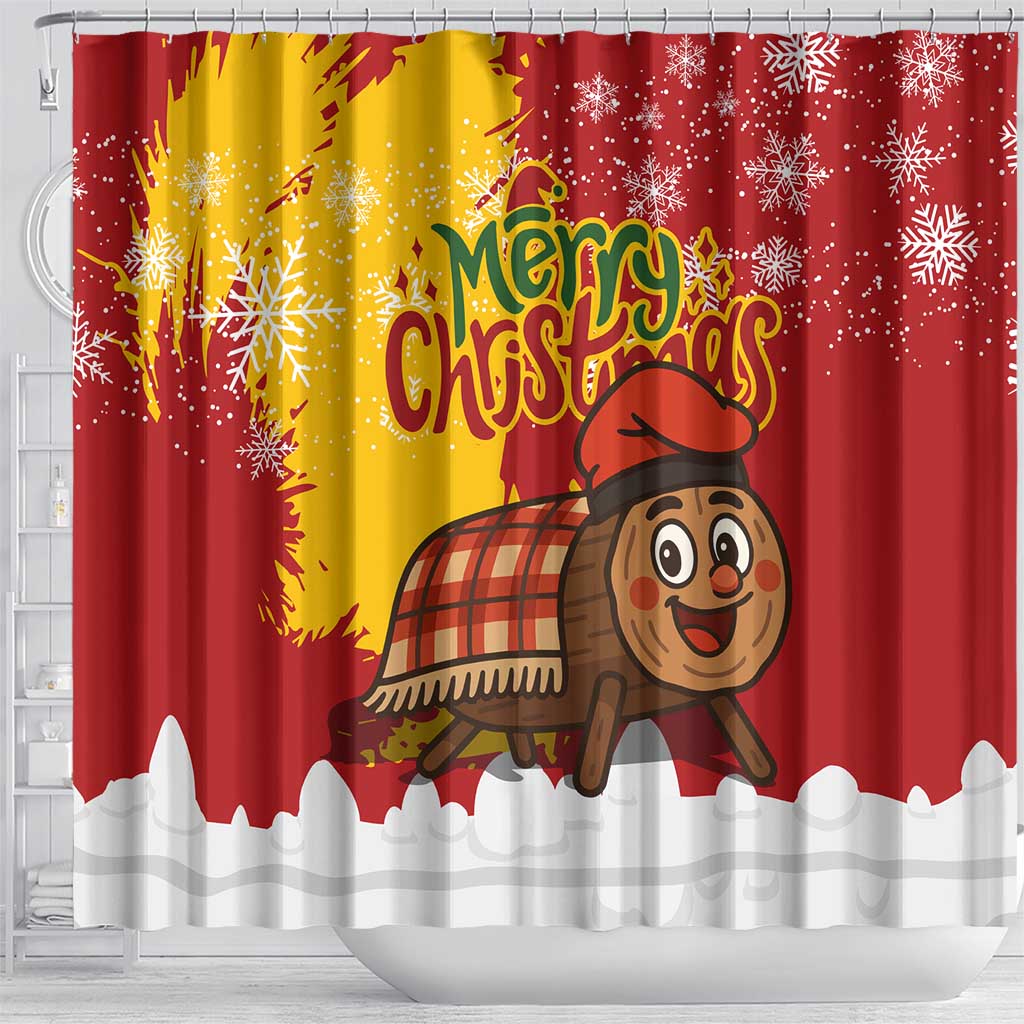Spain Christmas Shower Curtain with Tio de Nadal Log Snowflakes Spanish Flag and Holiday Wreath - Wonder Print Shop