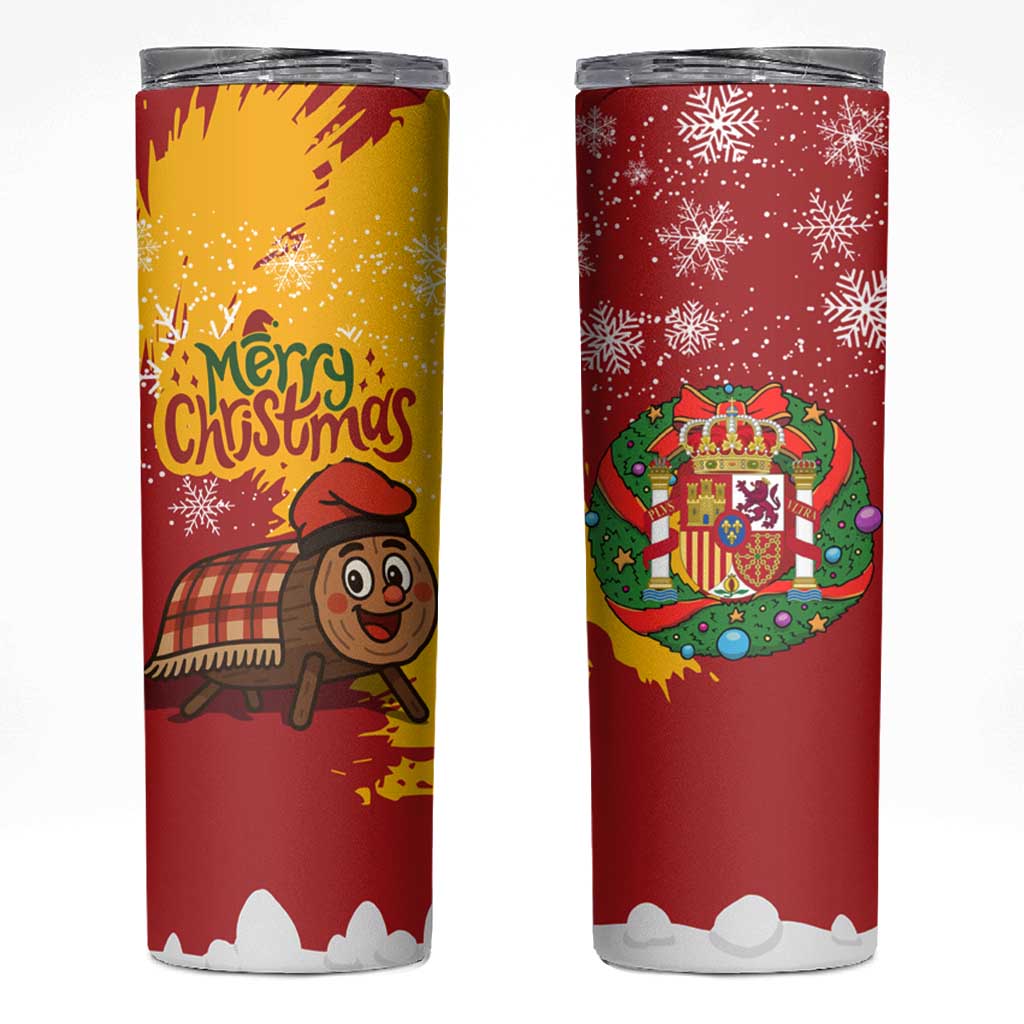 Spain Christmas Skinny Tumbler with Tio de Nadal Log Snowflakes Spanish Flag and Holiday Wreath - Wonder Print Shop