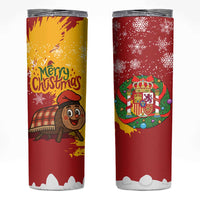 Spain Christmas Skinny Tumbler with Tio de Nadal Log Snowflakes Spanish Flag and Holiday Wreath - Wonder Print Shop