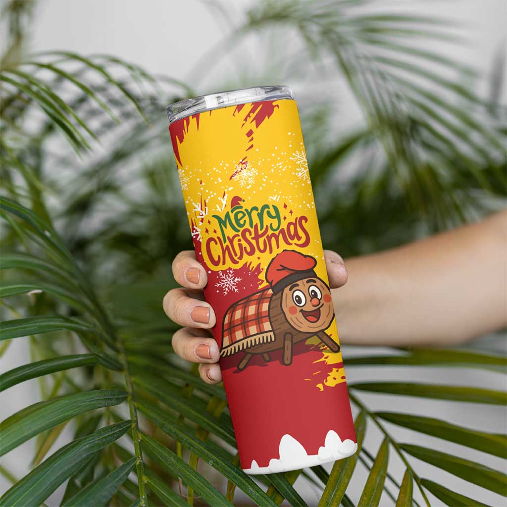 Spain Christmas Skinny Tumbler with Tio de Nadal Log Snowflakes Spanish Flag and Holiday Wreath - Wonder Print Shop